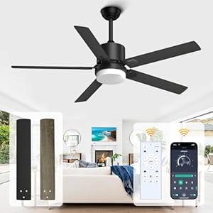 alescu Black Ceiling Fans with Lights - Outdoor Ceiling Fan with Remote/ APP Control, 52 Inch Modern Ceiling Fan for Patio, Bedroom Living Room