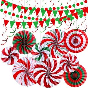 Outus 25 Pcs Christmas Party Decorations Supplies Merry Christmas Party Banner Red Green White Xmas Paper Fans Flower Pom Poms Hanging Swirls Pennant Circle Dots Garland for Xmas Birthday Decor