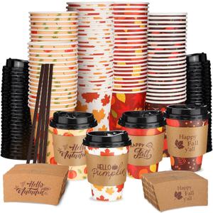 Jingmore 100 Set 12 oz Winter Christmas Hot Coffee Cups Disposable with Lids and Sleeves Hot Cocoa Cups for Winter Christmas Thanksgiving Birthday Party Supplies (Maple Leaf, Black)