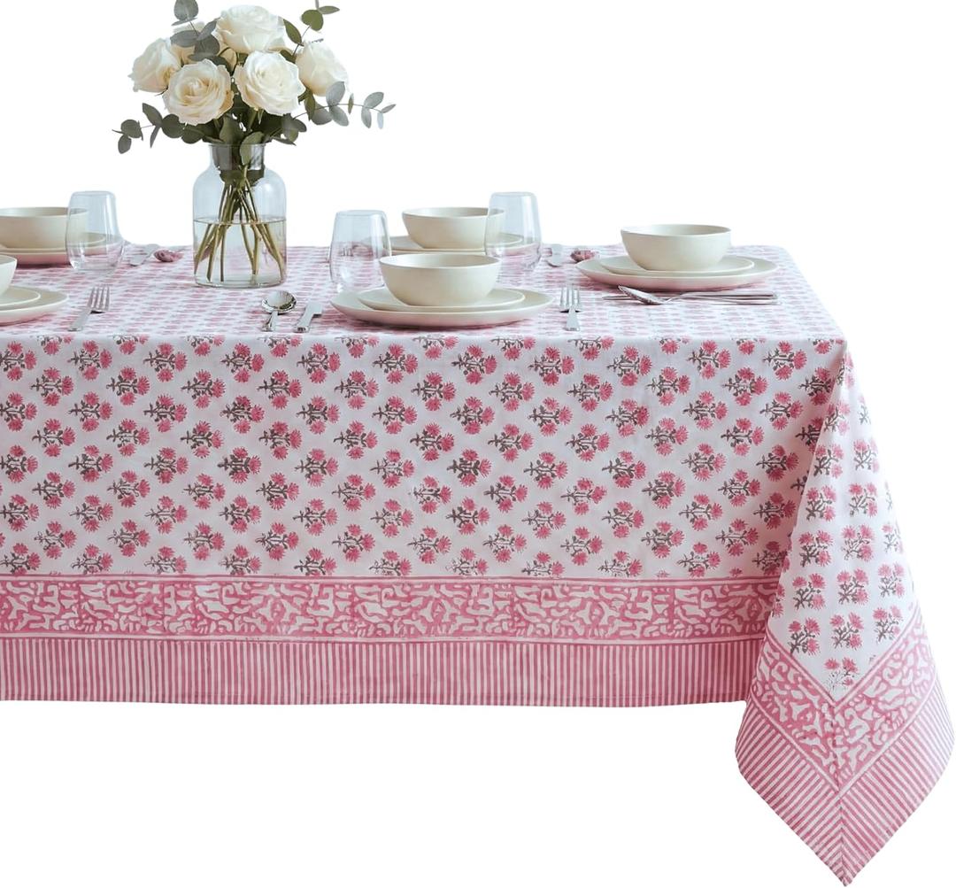 ATOSII Gulbahar White Pink 100% Cotton Fall Rectangle Tablecloth, Handblock Print Floral Table Cloth for Kitchen Dining Linen I Thanksgiving Christmas Weddings Outdoors I 72 X 108 Inches I 8 Seater