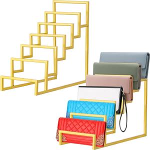 DoubleFill 2 Pack Purse Organizer for Closet Display 6 Layer Gold Riser Stand Clutch Purse Organizer Display Metal Wallet Rack for Handbag Home Retail Boutique Store Supplies