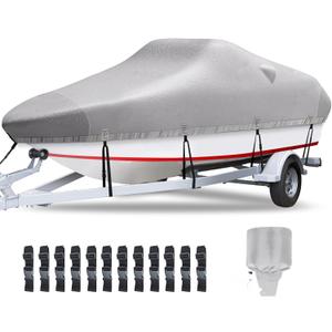 Boat Covers 17-19ft, Heavy Duty 1200D Oxford Waterproof Trailerable Boat Cover, UV Resistant Bass Boat Covers with Motor Cover, Fits V-Hull Tri-Hull Fish&Ski Boat, Runabout (Gray)