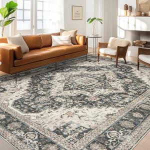 Washable Rugs 8x10 Area Rugs for Living Room, Bedroom, Office, Ultra-Thin Anti Slip Backing Rug, Super-Soft Vintage Large Area Rug, Home Decor Farmhouse Rugs (Black/Beige, 8'x10')