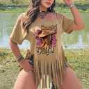 KWSTAIN Tassel Shirts for Women Summer Cold Shoulder Fringe Trim Short Sleeve Graphic Western Cowgirl Outfits Top Tee Blouses (Khaki,S) (Beige, S)