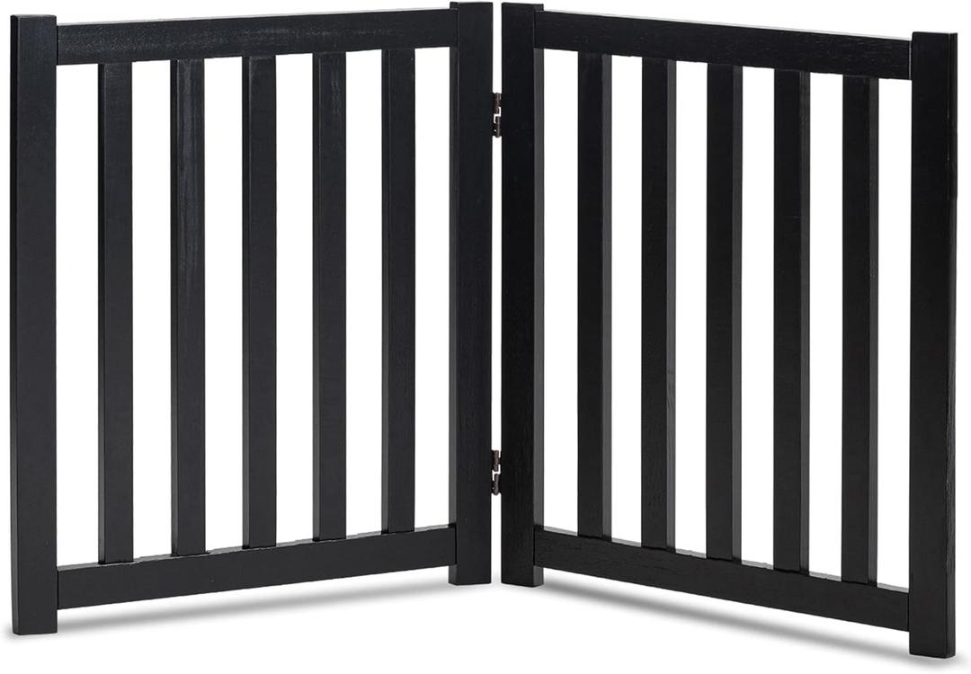 LZRS 2-Panel Wooden Free Standing Foldable Dog Gate  Solid Hardwood 24" High, Step-Over Safety Pet Gate for Doorways, Stairs & Small Spaces - Indoor Use, Black
