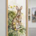 Framed Watercolor Rabbit Wall Art – Standing Bunny in Meadow Print with Light Wood Frame