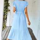 PRETTYGARDEN Women's Summer Floral Boho Dress Wrap V Neck Short Sleeve Ruffle A-Line Flowy Maxi Wedding Guest Dresses (Solid Light Blue, Large)