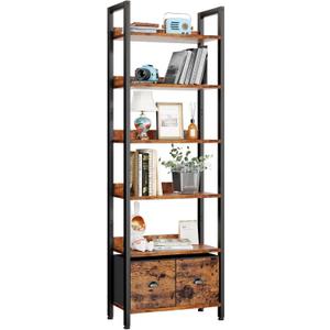 Furologee 6-Tier Bookshelf, Tall 71" Rustic Bookcase with 2 Drawers Storage Organizer, Industrial Display Free Standing Shelf Units, Wood and Metal Storage Rack for Home Office, Bedroom, Rustic Brown | Bookcase, 2 Drawers, Storage Organizer, Industrial, Display, Shelf Units