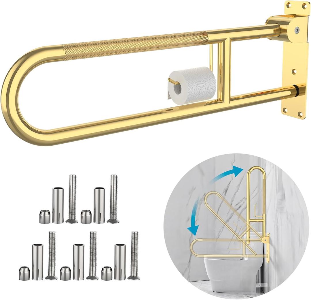Flip Down Toilet Grab Bar 32 Inch Gold, Munzong Anti-Slip Handicap Grab Bar