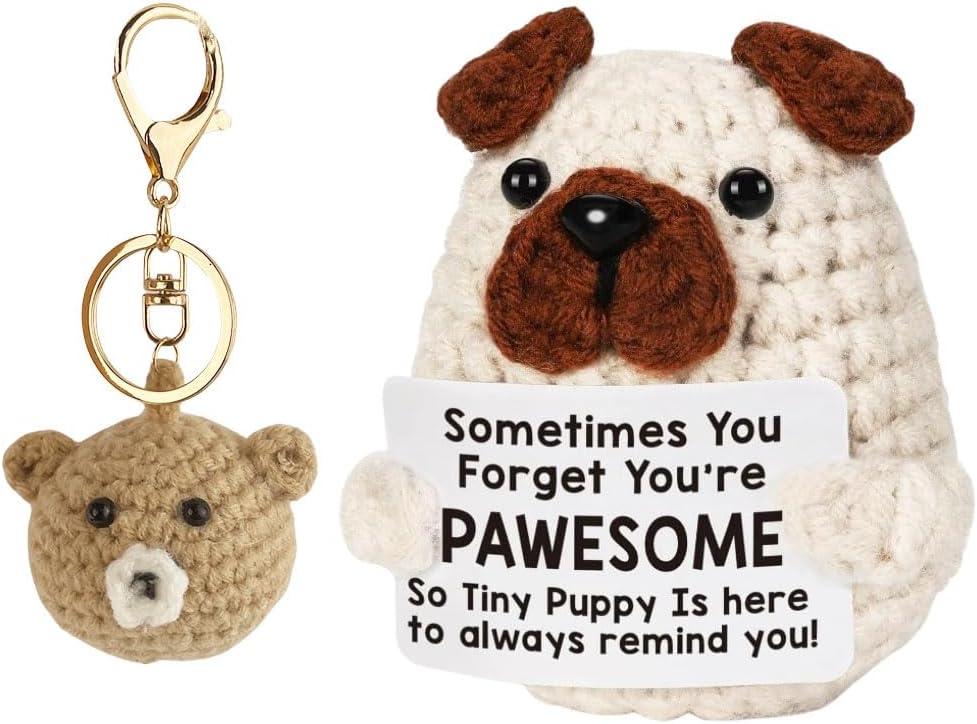 Mini Funny Pug Emotional Support Crochet Positive Doll Cute Dog Animal Gift with Inspirational Card and Bee Ornament Pendants (Dog Crochet and Bear Pendant)