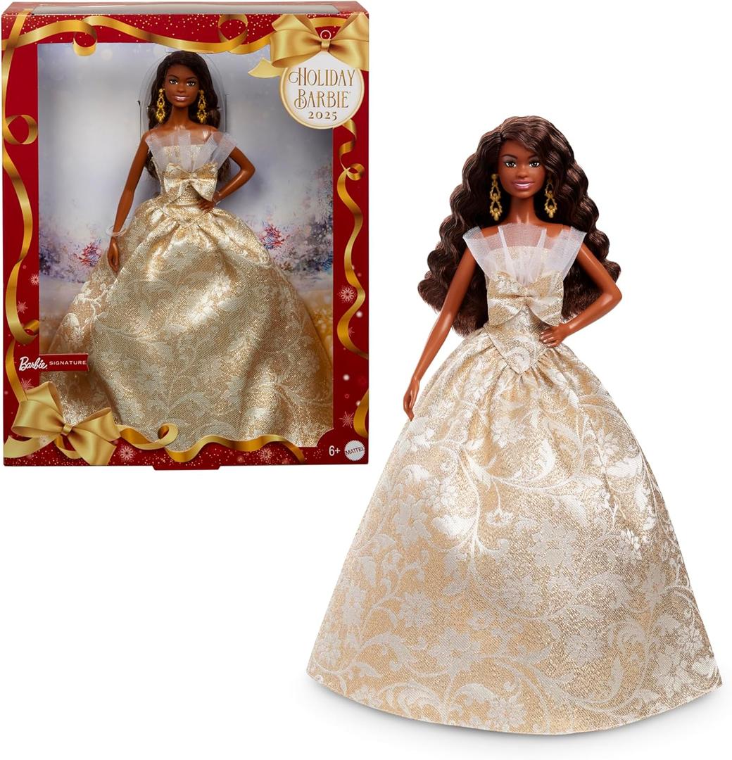Barbie Signature 2025 Holiday Black Hair Fashion Doll Wearing Silver & Gold Gown, Seasonal Collector in Displayable Packaging & Stand (Brown Curly Hair)