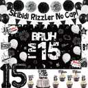 Holkcog 15th Birthday Party Decorations, Happy 15th Bday Bruh Banner Bankground for Boys Girls, Black Number 15 Foil Ballons & Cupcake Topper, Hanging Swirls, Black Happy 15 Years Old Party Supplies