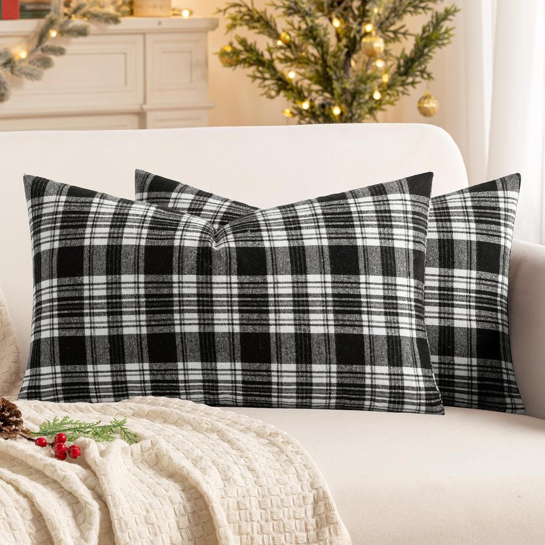 MIULEE Fall Set of 2 Scottish Tartan Plaid Lumbar Throw Pillow Covers Farmhouse Classic Decorative Outdoor Square Cushion Cases for Halloween Thanksgiving Decor Sofa Couch 12x20 Inch, Black and White