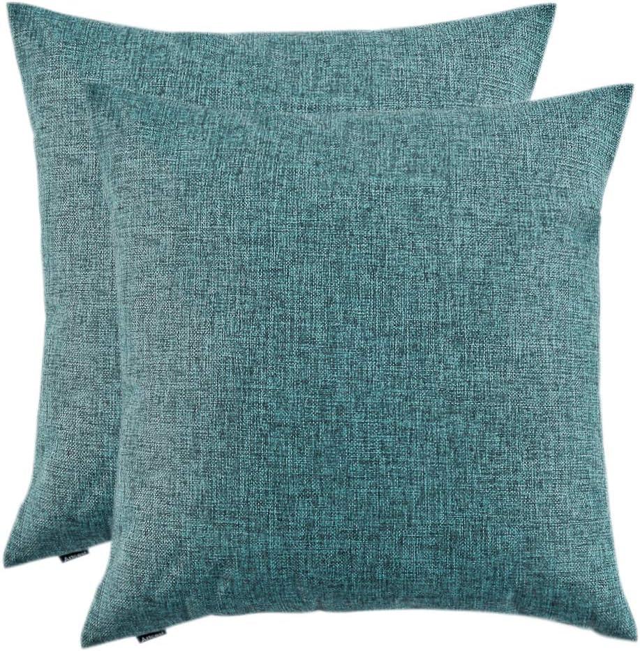 Artcest Set of 2, Decorative Linen Bed Throw Pillow Case, Sofa Durable Modern Stylish, Comfortable Cushion Cover for Couch, 14"x14" (Peacock Blue)