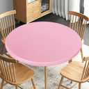 Obstal Fitted Round Table Cloth, Reversible Waterproof Stain Resistant Elastic Stretch Tablecloth, Wipe Clean Table Cover for Outdoor/Indoor Use, Fits Round Tables up to 40" - 44" Diameter, Baby Pink