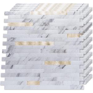 LONGKING 10-Sheet Peel and Stick Backsplash Tile, PVC Stick on Tile for Kitchen, Bathroom Vanities, Fireplace Dcor - White Marble Interspersed with Metal Gold LONGKING 10-Sheet Peel and Stick Backsplash Tile, PVC Stick on Tile for Kitchen, Bathroom Vanities, Fireplace Dcor - White Marble Interspersed with Metal Gold