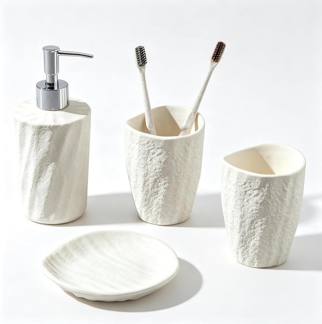 Bathroom Accessories Set, 4 PCS Modern Stone Look Bathroom Accessory Set with Hand Soap Dispenser 11.5 OZ, Tumblers, Toothbrush Holder, Bar Soap Dish Holder Saver (White)