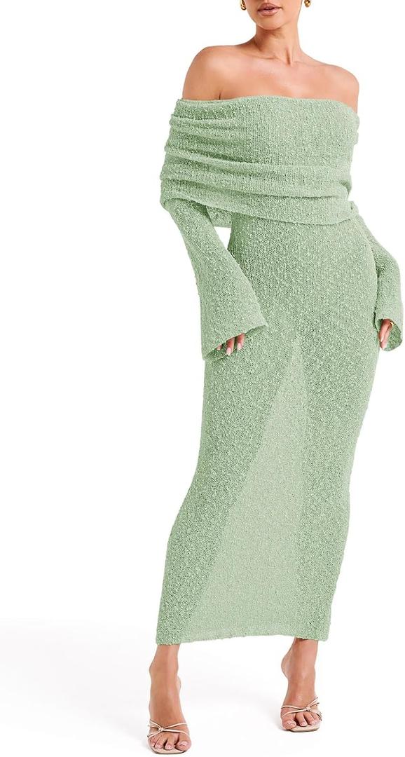 Saodimallsu Womens Off Shoulder Summer Maxi Dress Bell Long Sleeve Sexy Bodycon Strapless Sheer Beach Swimsuit Coverup (Green, S)