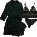 WDIRARA Women' Silk Satin Pajamas Set 4pcs Lingerie Floral Lace Cami Sleepwear with Robe (3X-Large, Dark Green Black)