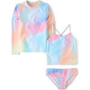 The Children's Place Girls' Standard Rashguard and Swimsuit Set (Medium, Rainbow Blue 3-piece)