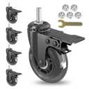 Caster Wheels Sets 5 with Metal Brakes,3 inch Heavy Duty Swivel Castors with 5/16"-18 UNC Threaded stem,Mute Rubber Wheels Replacement for Hardwood,Carpet,Tile, Including Flange Nuts