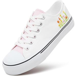 ZGR Womens Low Top Canvas Shoes, Lace up Canvas Sneakers, Casual Tennis Walking Shoes (White Flower.US9)