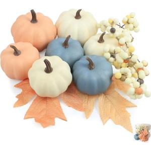 Artgar Fall Pumpkin Decor - Fake Foam Pumpkins - 11 PCS Mini Pumpkins with Maple Leaves Berries for Fall Halloween Thanksgiving Home Mantelpiece Table Tray Decoration (Style-5)