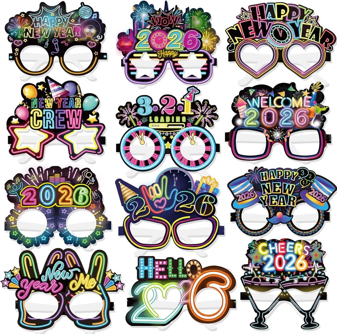 HOWAF 24 Pack Happy New Year Glasses Neon Color 2026 Glasses New Years Eve Party Supplies Photo Props for Happy New Year Decorations NYE Party Favors Accessories