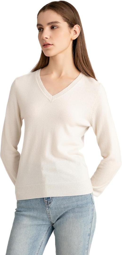 State Cashmere Womens Essential V-Neck Sweater 100% Pure Cashmere Classic Long Sleeve Pullover (Small, Undyed White)