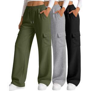 Women's Cargo Pants Multi Pocket Spring Summer Wide Leg Trousers Casual Loose Sports Long Pants,XL, Pack of 3, Green,Grey, Black