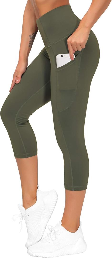 THE GYM PEOPLE Thick High Waist Capris Yoga Pants with Pockets, Tummy Control Workout Running Yoga Leggings for Women (X-Large, Olive Green) THE GYM PEOPLE Thick High Waist Capris Yoga Pants with Pockets, Tummy Control Workout Running Yoga Leggings for Women (X-Large, Olive Green)