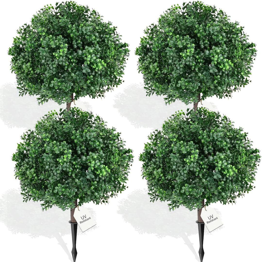 Artificial Boxwood Topiary Ball Trees, 4 Pack Artificial Shrubs Bushes with Ground Spike, Fake Plants for Outdoor Front Porch Decor UV Resistant