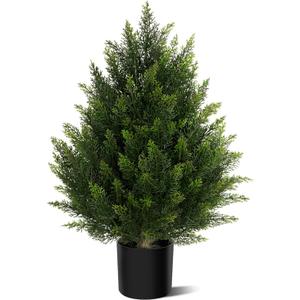 Outdoor Artificial Cedar Topiary Tree, Faux Evergreen Shrubs for Front Porch Decor, Lifelike Fake Bushes Plants for Home Living Room Front Door Decor (1, 2ft)