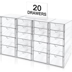 Acrylic Makeup Organizer with 20 Drawers, 4 Set Clear Storage Drawers, Acrylic Drawer Organizer and Storage for Desktop Office Supplies Make Up Pen Hair Accessories