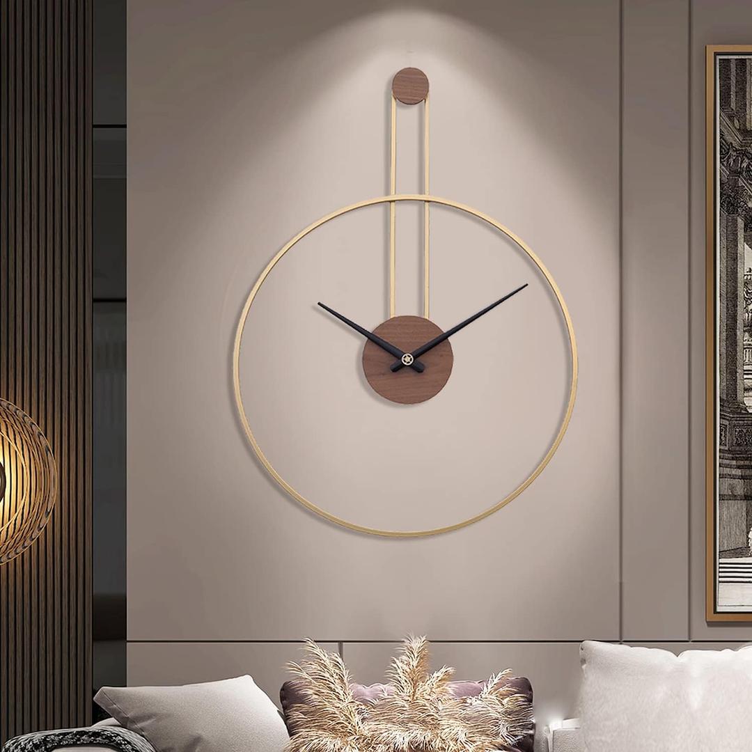 YISITEONE Large Decorative Wall Clock for Living Room,Metal & Walnut Dial Home Decor Silent Non Ticking Lightweight Clocks for Bedroom, Study, Office Decorations, 28.7''21.6'',Gold