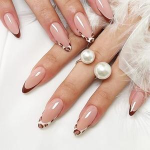 Pack of 4, Press On Nails Almond, Press On Nails Short, Milk Cow Print Designs Nails Reusable fake nails for Women, Brown and White French Tip Press-on Nails Daily Wear, 24pcs Nails Kit with Glue Kit