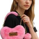 Faux Fur Evening Handbags Heart Shaped Clutches for Women Fluffy Shoulder Bags Metal Chain Strap (Pink)