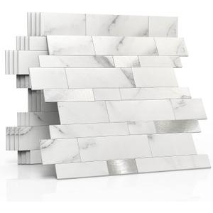 MOFIT Backsplash Tile for Kitchen Peel and Stick Stone Matte Finish,Bathroom Tiles Stickers 3D Wall Panel Linear Mosaic Marble Backsplash Waterproof(10sheets,White Silver)
