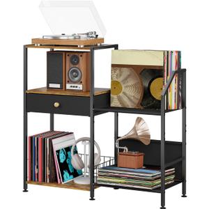 3 Tier Record Player Stand, Vinyl Shelf with Display Storage Up to 200 Albums, Vintage Turntable Holder Large End Table for Media Stereo Living Room, Black & Brown