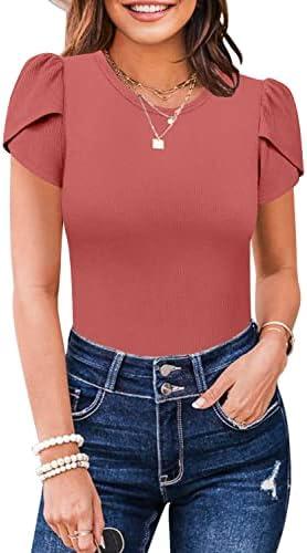MISSJOY Womens Summer Short Sleeve Bodysuits Crew Neck Ribbed Petal Sleeve Stretchy Slim Fit Leotards Tops, S