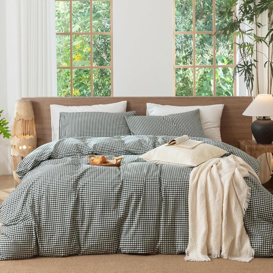 MooMee Gingham Duvet Cover Set 100% Washed Cotton Linen Like Textured Breathable Durable Soft Comfy Modern Checkered Design (Mini Gingham Forest Green, Full 80"x90")