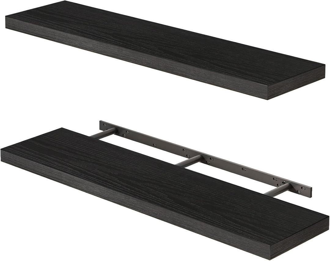 Fixwal Floating Shelves for Wall, 35" Long Heavy Duty Wall Mounted Rustic Wood Shelves for Living Room, Bedroom, Bathroom and Kitchen, for Storage, Books, Room Decor (Black, Set of 2)