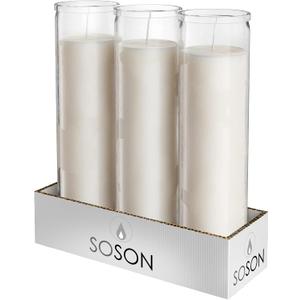 Simply Soson 2x8 inch 7 Day White Pillar Candles in Glass Set of 3, Up to 90 Hour Burn time, Unscented Prayer, Religious Candles for Memorials, Vigil, and Emergency