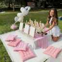 Extra Large Outdoor Picnic Blanket with Table Runner and Floor Pillow Cushion for Picnic Wedding Birthday Baby Shower Backyard (91 x 71'',Pink,6-Person)