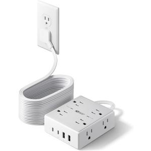20Ft Long Extension Cord, Flat Plug Power Strip with 8 Outlets & 4 USB Ports (2 USB C), Wall Mountable Surge Protector, Desk Charging Station for Home Office, College Dorm Room Essentials (White)