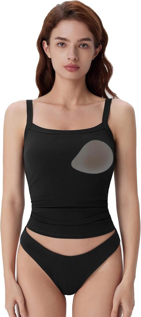 SUUKSESS Women Cotton Rib Padded Tank Tops Sleeveless Spaghetti Strap Square Neck Tops Summer Camisole Going Out Shirts (Black, S)
