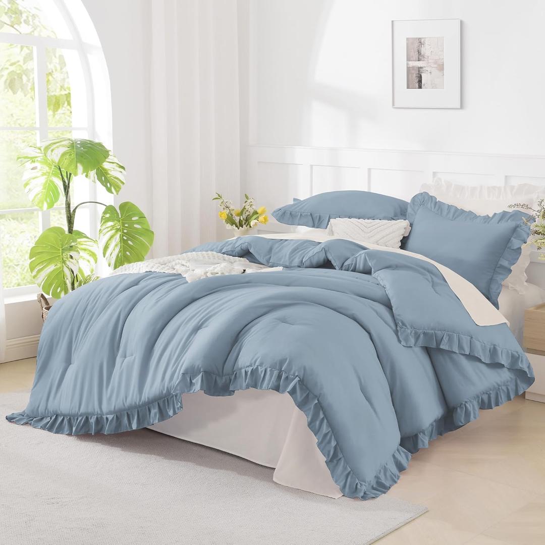 Andency Grayish Blue Queen Comforter Set(90x90Inch), 3 Pcs(1 Ruffle Comforter and 2 Pillowcases) Solid Bedding Comforter Sets for Queen Bed, Lightweight and Fluffy Soft Microfiber Bedding Set