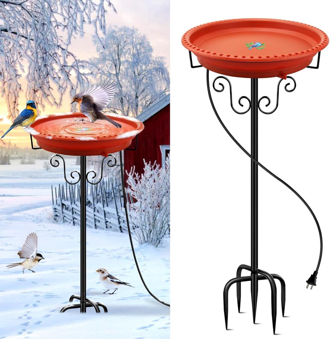 Lovppy Heated Bird Baths for Outdoors for Winter, 100W Heated Bird Bath Water Heater with Thermostatically Controlled, Heated Bird Baths Bowl with Metal Stake for Outside Garden Patio Yard (Brown)