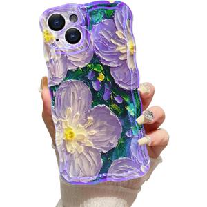 Case for iPhone 14 Exquisite Colorful Retro Oil Painting Cute Wave Edge Frame Phone Cover Soft Durable TPU Camera Protection iPhone 14 Case for Women Girls (Green/Purple Flower)