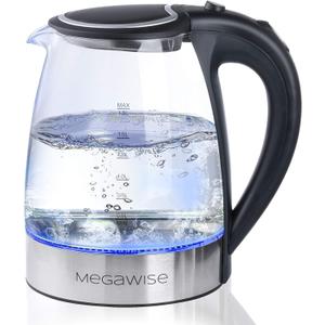 MEGAWISE 1.8L Healthy Electric Kettle, 1000W Borosilicate Glass Tea Kettle with Food Grade Material, Auto Shut-Off and Boil-Dry Protection Cordless Kettle Fast Boiling, BPA Free